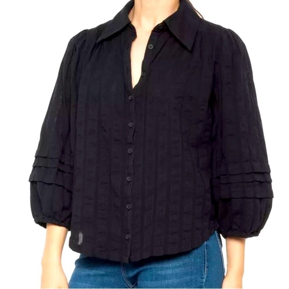 Free People - Happy Days Black Balloon Sleeves Button Down Blouse Size XS - Picture 1 of 10
